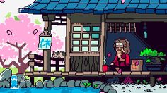 the pixel art shows a woman sitting on a porch next to a pond