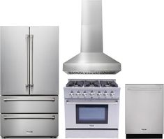 stainless steel kitchen appliances including stove, oven and refrigerator