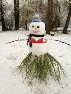 a snowman with a hat and scarf standing in the snow next to some trees