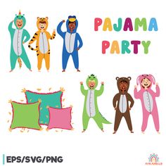 Pajama Day Party ClipartAnimal clipart pajamas set includes 6 kids boys and girls wearing unicorn, dinosaur, bear, rabbit, tiger, penguin pajamas.Children in kigurumi are perfect for decorating a pajama party. Ideal for banners, posters, postcards, scribbles, Tshirts and can be used on a variety of graphic products.To contact me and tag the use of my products on Instagram @anka.drozd. I would love to see your feedback. They mean a lot to me. They help me create better and better products.Thank y Nursery Games, Unicorn Dinosaur, Penguin Pajamas, Childrens Pyjamas, Animal Pajamas, Pajama Day, Party Clipart, Funny Character, Kids Clipart