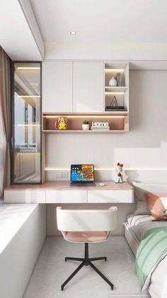 a bedroom with a bed, desk and shelves on the wall next to it's windows