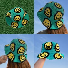 three pictures of a woman wearing a crocheted hat with smiley faces on it