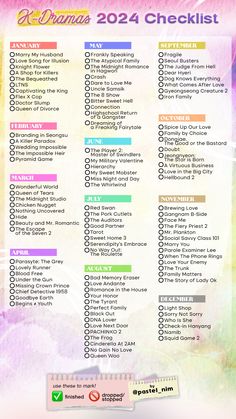 a colorful poster with the words 2012 checklist written in white and pink on it