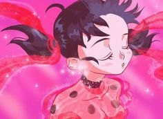 an anime character with black hair and polka dots on her body, in front of pink background