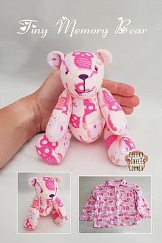 a pink teddy bear sitting on top of a white table next to a person's hand