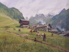 a painting of some people and animals in a field