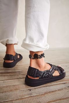 Vegan Sunrise Bay Sandals | Free People Black Huarache, Huarache Sandals, Classic Sweater, Over 50 Womens Fashion, Leather Slide Sandals, Street Style Chic, Jewelry Outfit, Crazy Shoes, Sandal Fashion