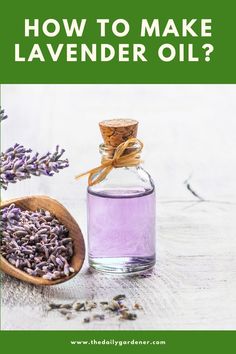 lavender oil in a glass bottle next to a wooden spoon