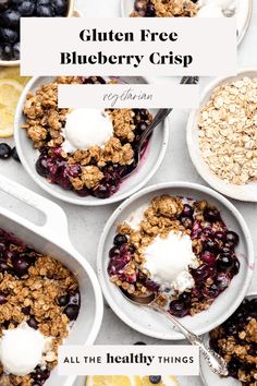 four bowls filled with ice cream and granola on top of a white countertop