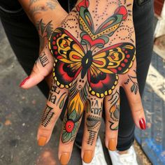 Butterfly Hand Tattoo Master Tattoo Designs Hand Tattoos Full Coverage, Large Coverup Tattoos For Women, Small Inside Wrist Tattoos For Women, Hand Tattoos Full, Traditional Tattoo Sleeve Women, Cat Hand Tattoo, Alluring Tattoo, Traditional Tattoo Painting, Traditional Hand Tattoo