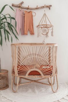 a wicker crib with clothes hanging on the wall and a potted plant next to it