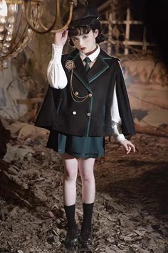 Fabric: Polyester Color: Black/Green Collar: Lapel Collar Style: Gothic, Vintage, College Style Include: Skirt*1+ Blouse*1 + Cloak*1 Size (IN) Bust Waist Sleev Box Pleated Skirt, Tie Box, Green Magic, Style Gothic, Vintage College