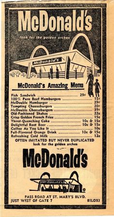 an advertisement for mcdonald's restaurant in the 1950's, with information about its menu