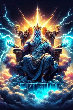 the god sitting on top of a throne surrounded by lightning