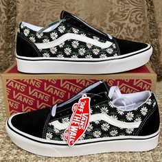 Brand New In A Box Authentic Men’s Vans Sneakers Black Bandana Vans, Vans All Black Custom, Vans Low-top Floral Print Sneakers, Casual Vans Sneakers With Floral Print, Black Vans Sneakers For Summer, Black Floral Print Sneakers For Spring, Girly Goth Outfits, Vans Floral Shoes, Vans Art