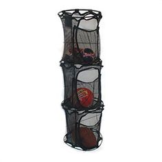 three tiered mesh storage rack with footballs in it on the side and bottom