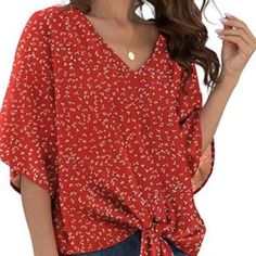 -95% Polyester, 5% Spandex -Button Closure -Machine Wash -Material: 95%Polyester+5%Spandex,Lightweight And Soft.Chiffon Blouse,Sexy V Neckline, 3/4 Flare Sleeve, Tie Knot Hem, Casual Style And Loose Fitting. -Size:Us Size,Small=(Us 4-6), Medium=(Us 8-10), Large=(Us 12-14), X-Large=(Us 16-18), Xx-Large=Us 20 This Is True To Size, Please Purchase According To Your Normal Size. -Style: This Top Is Simply Beautiful! The Button Down Shirts With The Front Tie And 3/4 Ruffle Sleeves Gives This Enough Detailing To Make This A Unique Top. To Add Pop Solid Color Ones To The Wardrobe, You're Sure To Make A Splash In This Chiffon Blouse Top! Great To Match With Jeans Or Any Casual Pants. -Match: The Blo Red Rayon Blouse For Spring, Red Trendy Blouse For Spring, Red Trendy Spring Blouse, Versatile Red Tops For Summer, Versatile Red Top For Summer, Trendy Red Spring Blouse, Versatile Red Summer Top, Trendy Red Blouse For Day Out, Red Rayon Tops For Fall