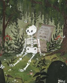 a painting of a skeleton sitting in the woods