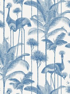 a blue and white wallpaper with palm trees, an ostrich and birds