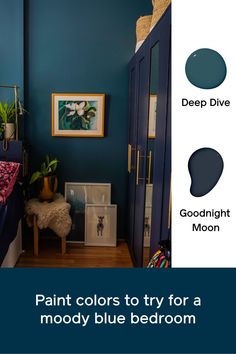 a bedroom with blue walls and wooden flooring is shown in the color palettes