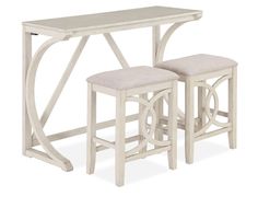 two stools and a table with a white finish on the top one has a beige upholstered seat