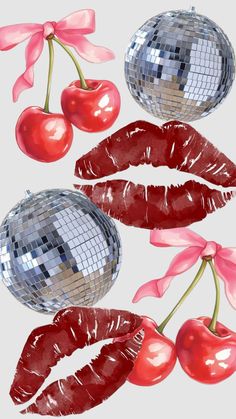 the lips, tongues and cherries are in front of a mirror disco ball