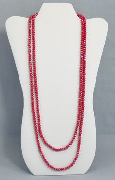 One long strand of opaque red small crystal beads, each with an ab coating for extra sparkle. A triple- or double-wrap of red velvet with a silvery sheen. This necklace has a beautiful crystallized magnetic clasp and comes in two sizes--60 inches and 40 inches. Both can be worn in so many ways, and each will make a sparkling statement when worn alone or when two colors/lengths are worn together. I have many more colors in my shop. For black, red, clear, gray, gunmetal, and colorful metallic, cli Double Strand Red Jewelry For Party, Red Double Strand Jewelry For Party, Red Double Strand Party Jewelry, Red Double Strand Faceted Beaded Necklaces, Red Double Strand Faceted Beaded Necklace, Red Crystal Beaded Necklaces With Round Beads, Red Double Strand Beaded Necklace With Faceted Beads, Red Single Strand Crystal Necklace With Round Beads, Red Crystal Beaded Necklace With Round Beads