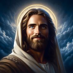 the face of jesus with blue eyes and clouds in the background, as if he is looking at something