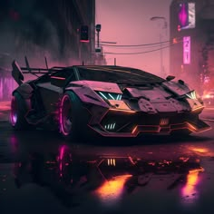 an image of a futuristic car in the middle of the street with neon lights on it