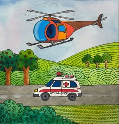 a painting of a police car and helicopter flying over a field with trees, grass and hills