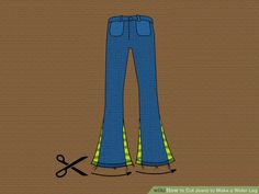 a pair of blue jeans with yellow trims next to scissors on a brown background