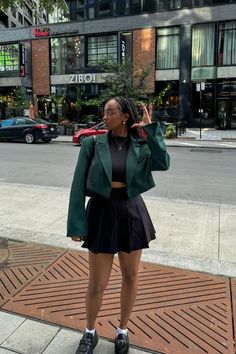 Casual meets edgy in this standout streetwear look! The cropped blazer paired with a pleated mini skirt creates the perfect mix of sophistication and fun. Perfect for a day in the city or a casual meet-up with friends.  #StreetStyle #CroppedBlazer #UrbanFashion #CityChic #StreetwearGoals" Loafer Shoes Outfit, Loafers For Women Outfit, Shoe Outfits, Dunk Outfit, Loafer Shoe, Loafers Outfit, Women Loafers, Fashionable Shoes, Loafer Shoes Women