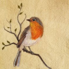 a painting of a bird sitting on a tree branch with leaves and branches around it