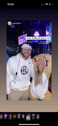 a man and woman in costumes posing for a photo