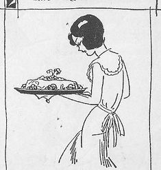 a drawing of a woman holding a tray with food on it and the words, i am not sure what this is