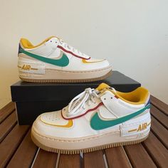 Brand New Nike Air Force 1 Shadow Size Women 8 Style Code: Ci0919-118 Color: Summit White/Yellow Ocher/Lapis/Neptune Green This Size Is Sold Out Online ******** Please Take A Close Look Of All Pics And Video, You Will Get The Exact Pair Of Shoes Displayed In Pics. All Sales Are Final And I Don’t Accept Return! Thank You! Nike Air Force 1 Shadow, Air Force 1 Shadow, New Nike Air Force, Rare Nikes, Nike Tennis Shoes, Womens Training Shoes, Nike Air Zoom Pegasus, Air Max Women, Nike Air Huarache