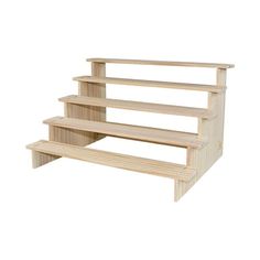 three tiered wooden shelf against a white background