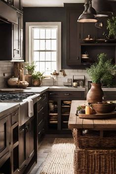 a kitchen with dark wood cabinets and an island in front of the stove top is filled with potted plants