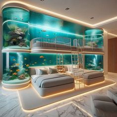 an aquarium themed bedroom is shown in this image