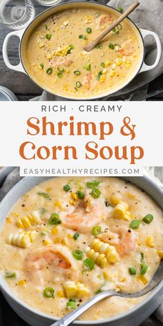 two bowls filled with shrimp and corn soup