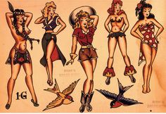 an old school pin up drawing of women in bikinis and boots with birds on their backs