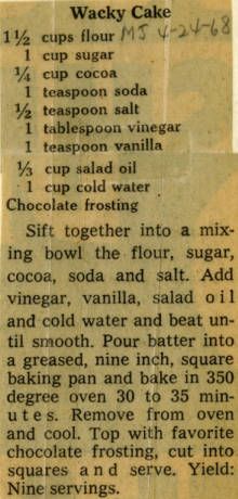 an old recipe for wacky cake, with instructions on how to bake it