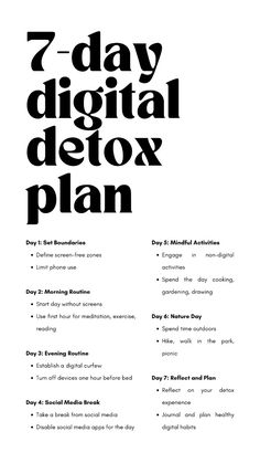 Embarking on a digital detox can help you reclaim your time and mental clarity. Here’s a simple 7-day plan to help you reduce screen time and reconnect with the real world.  day 1: set boundaries Define screen-free zones in your home, like the bedroom or dining table, and limit phone use in these areas. 🚫  day 2: morning routine Begin your day without screens. Use the first hour after waking up for activities like meditation, exercise, or reading. 🌅  day 3: evening routine Establish a digital Detox Day Plan, No Screen Time Activities Adults, How To Reduce Screen Time Tips, 2 Hour Morning Routine, Low Screen Time Aesthetic, Things To Do Without Phone