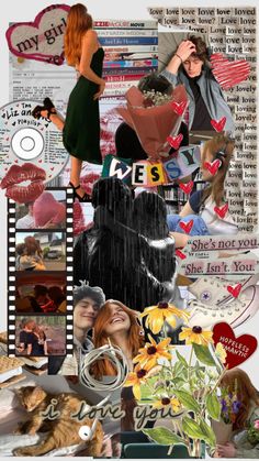 the collage is made up of many different pictures and words, including one woman with red hair