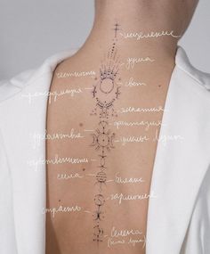 the back of a woman's neck with words written in different languages on it