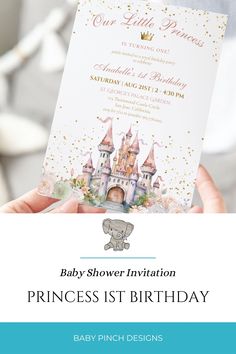 a baby shower is shown with an elephant and castle in the background, as well as a princess's first birthday card