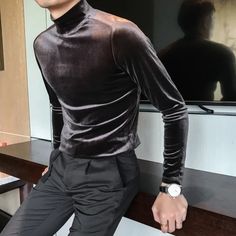 Velvet T Shirt, T Shirts Men, Men Shirt Style, High Collar, Shirts & Tops, Long Sleeve T Shirts, Top Tee, Long Sleeve Sweater, Autumn Winter