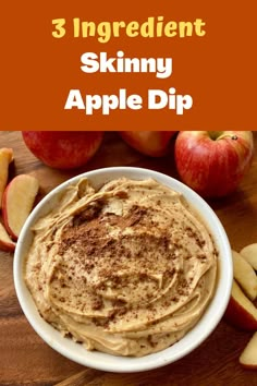 an apple dip in a white bowl with cinnamon on the side and apples around it