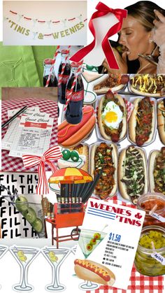 a collage of photos with hotdogs, drinks and other items on it