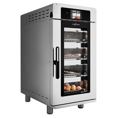 an oven that has some food in it and is open to show its baking process